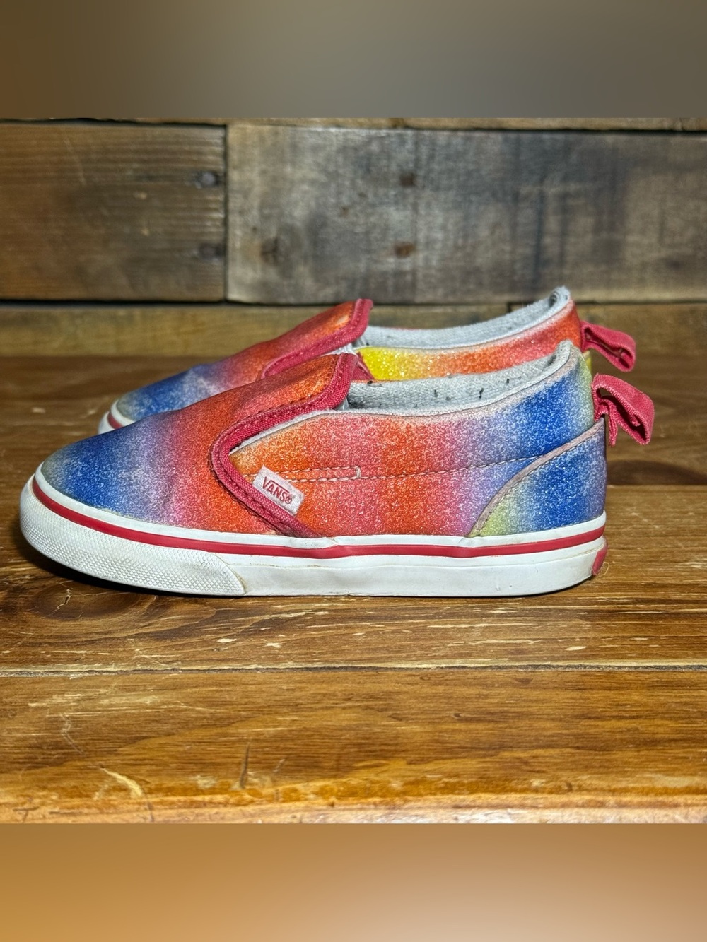 Vans Slip On Velcro Toddler Rainbow Checker & Rainbow Glitter Shoes Size 8.5 - Picture 4 of 15